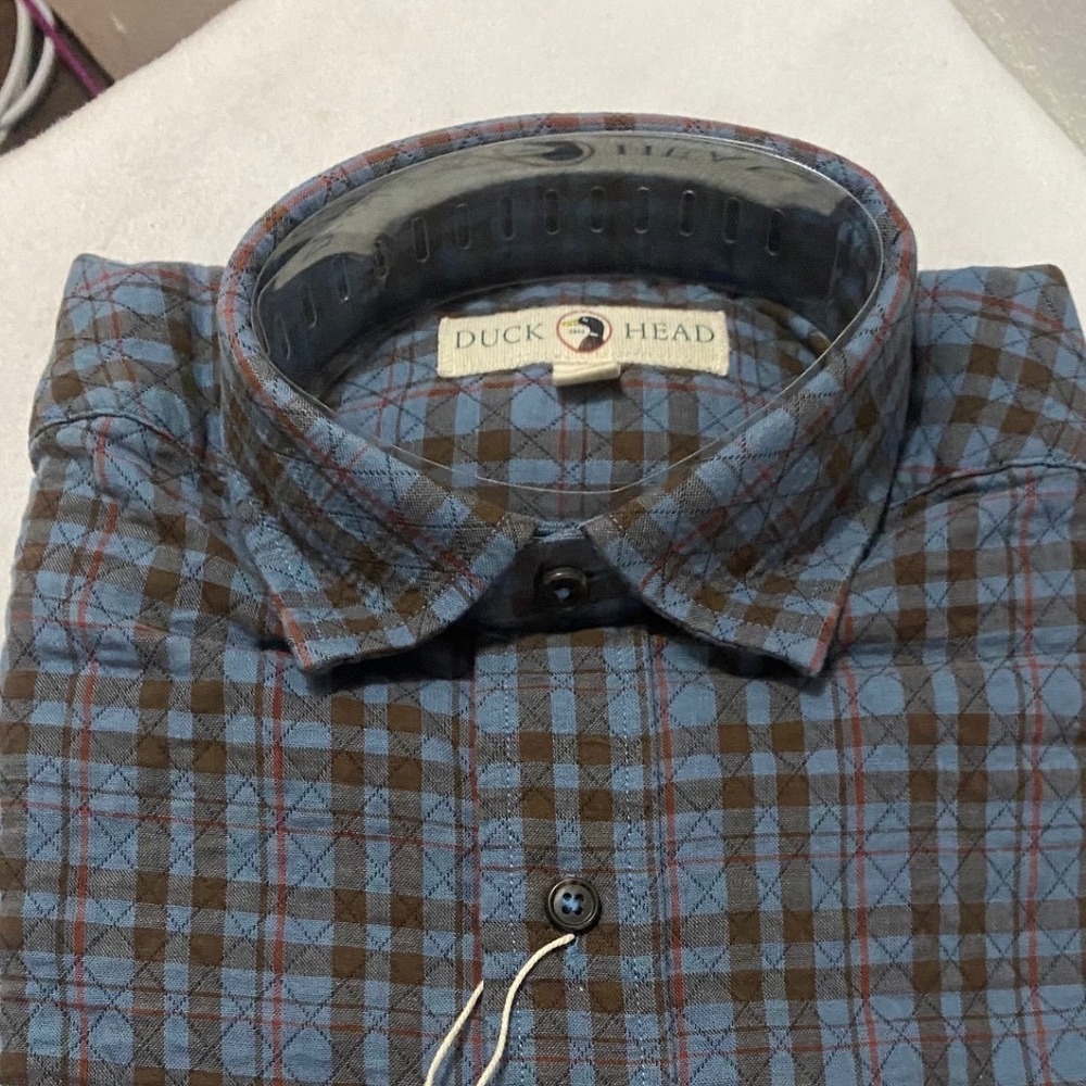 Duck Head Men's‎ Plaid Button Down Long Sleeve Shirt Stormy Blue Size XS
